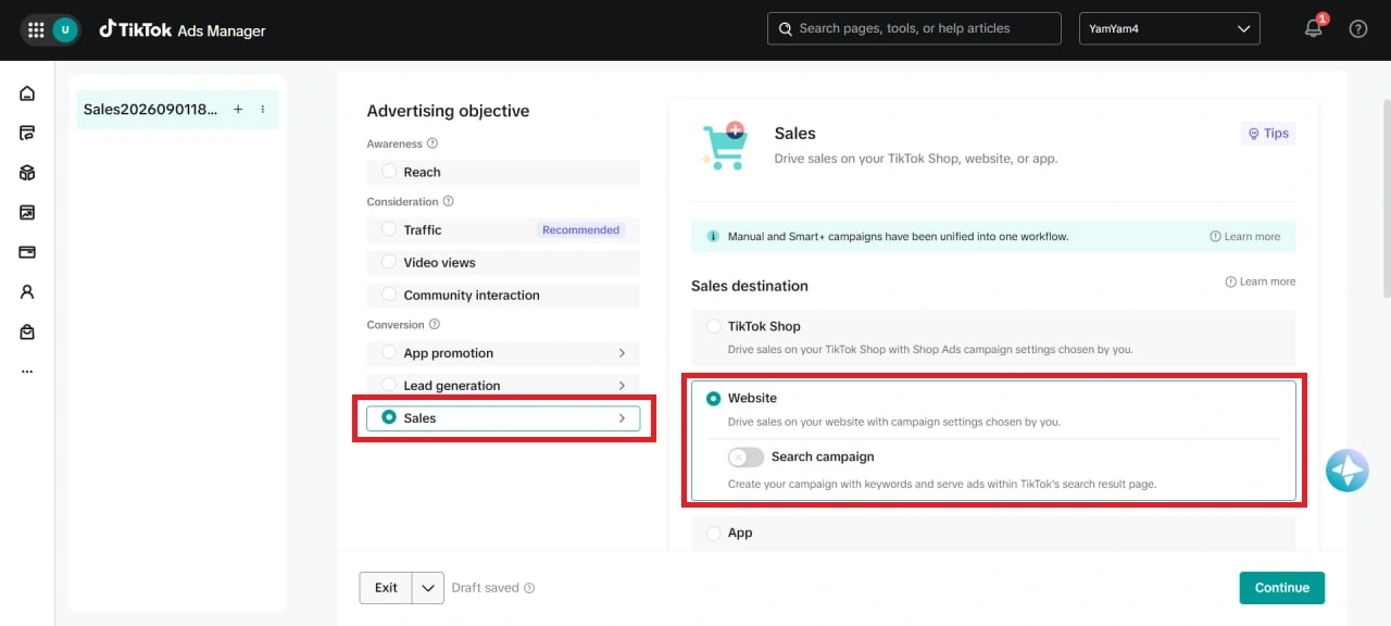 Выбор цели Sales в TikTok Ads Manager
